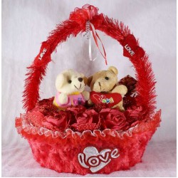 Beautiful Red Basket of Imported Roses with Love Couple Teddy Bears